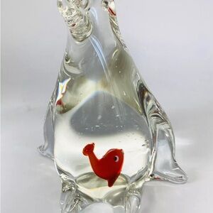 Hand Blown Clear Art Glass Penguin Figurine With Red Fish in Belly Paperweight